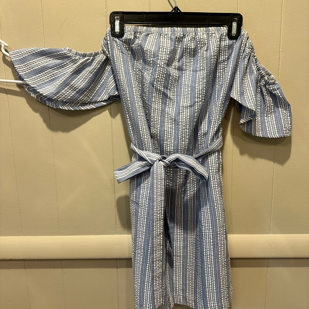 Blue and White Striped Off-Shoulder Seersucker Dress